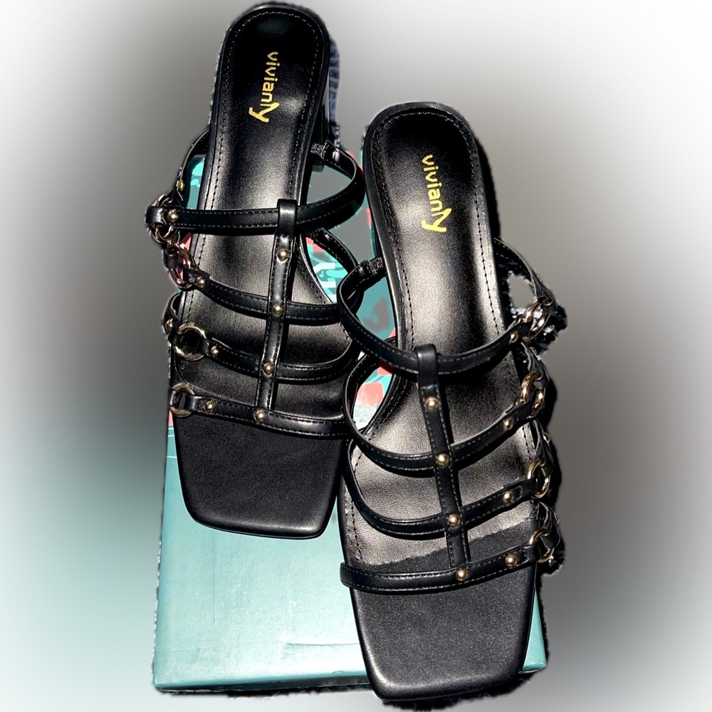 vivianly Women's Open Toe Chunky Strappy Heeled Sandals Black Brand New Size 9